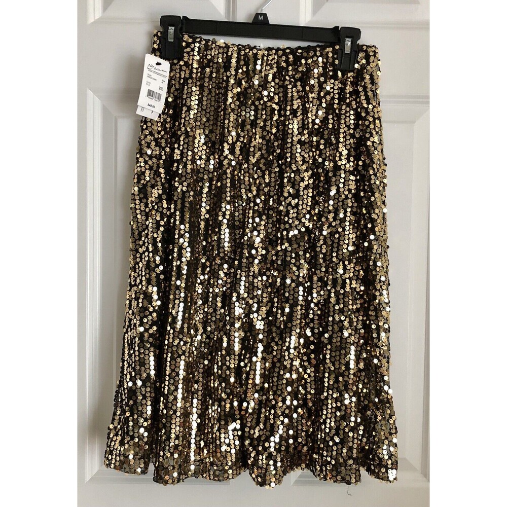 NY Collection Women's Skirt Size Medium Line A Pullover Gold Sequined lined  112